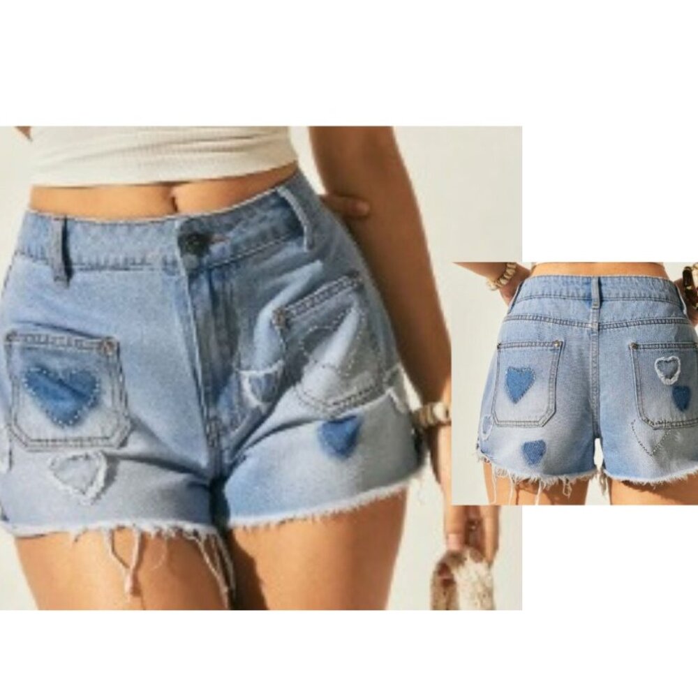 NEW 2026 Heart Patchwork rhinestone Denim Jean Shorts - Picture 2 of 6